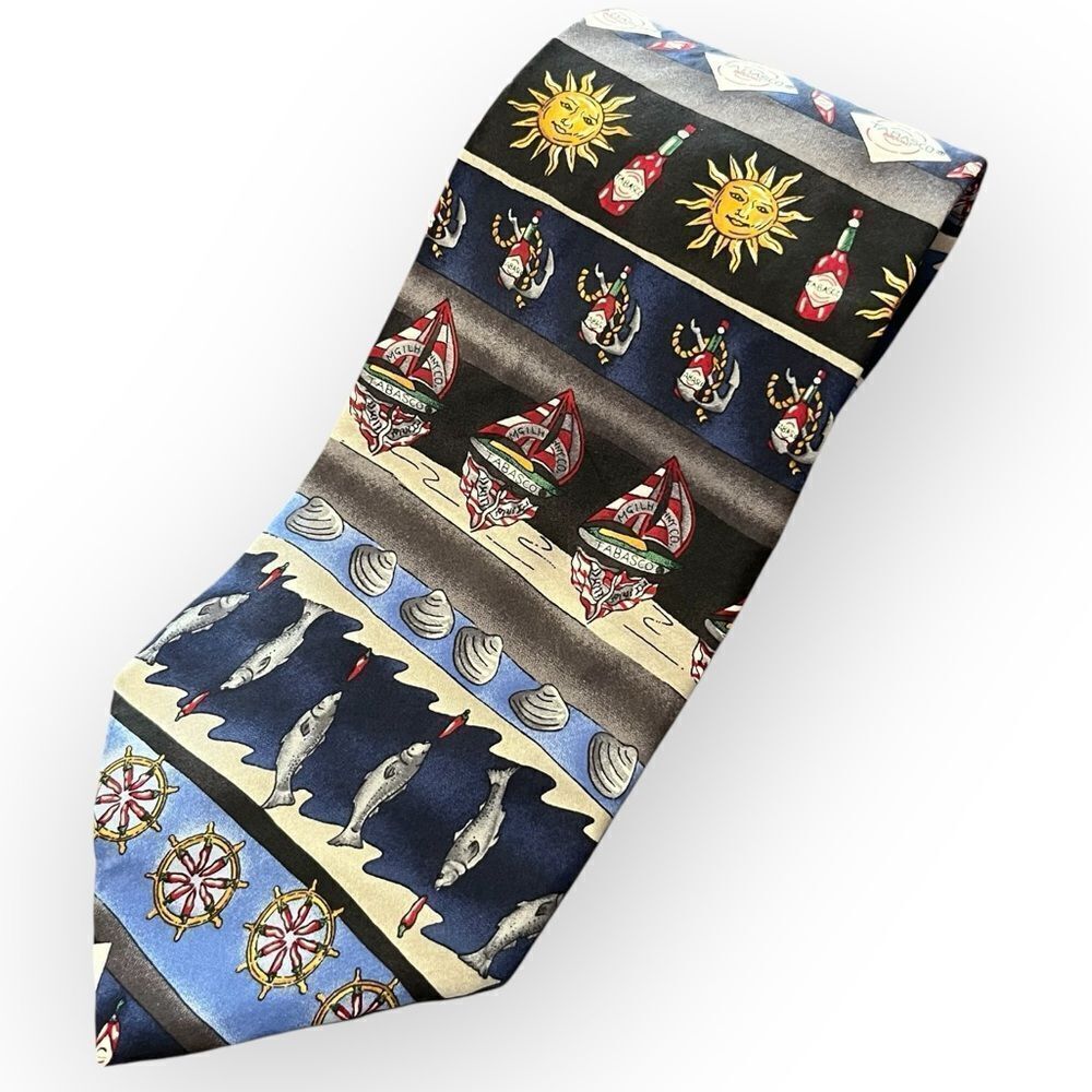 Tabasco Silk Tie Hot Sauce Nautical Vacation Cruise Wear Navy with Tabasco Print